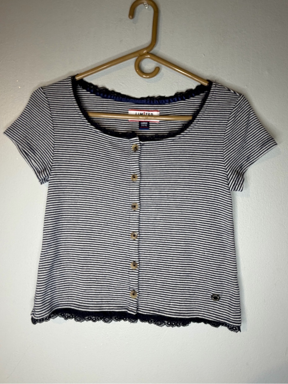 Limited too Navy and White Striped Button Front Crop Tee